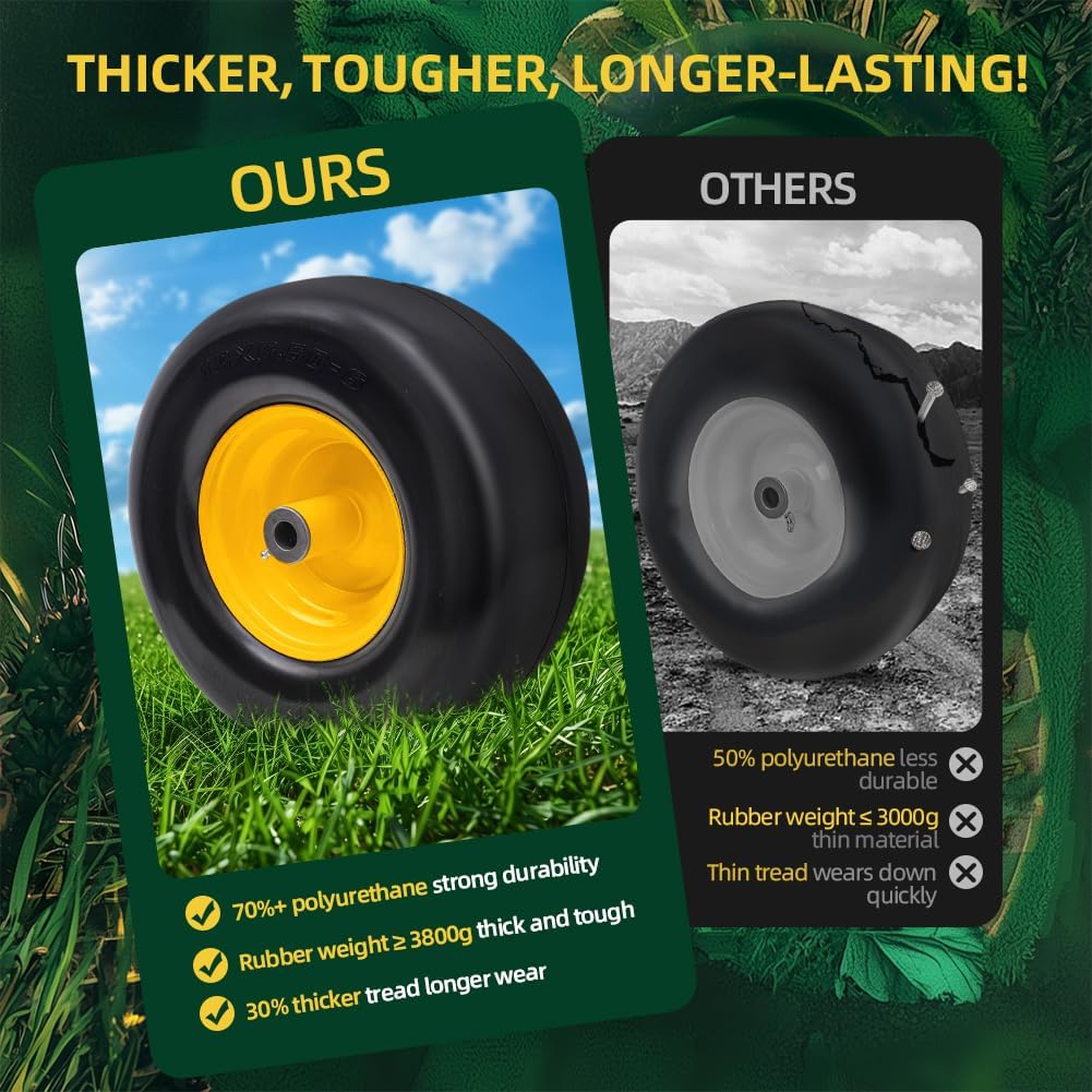 13x6.50-6 Lawn Mower Tires Flat Free with Rim Assemblies (2 Pack),Universal 13x6.5-6 Solid Smooth Rubber Zero-Turn Lawn mowers Tire,5.5-7.72”Centered Hub and 3/4 extra 5/8 1/2” Bushings